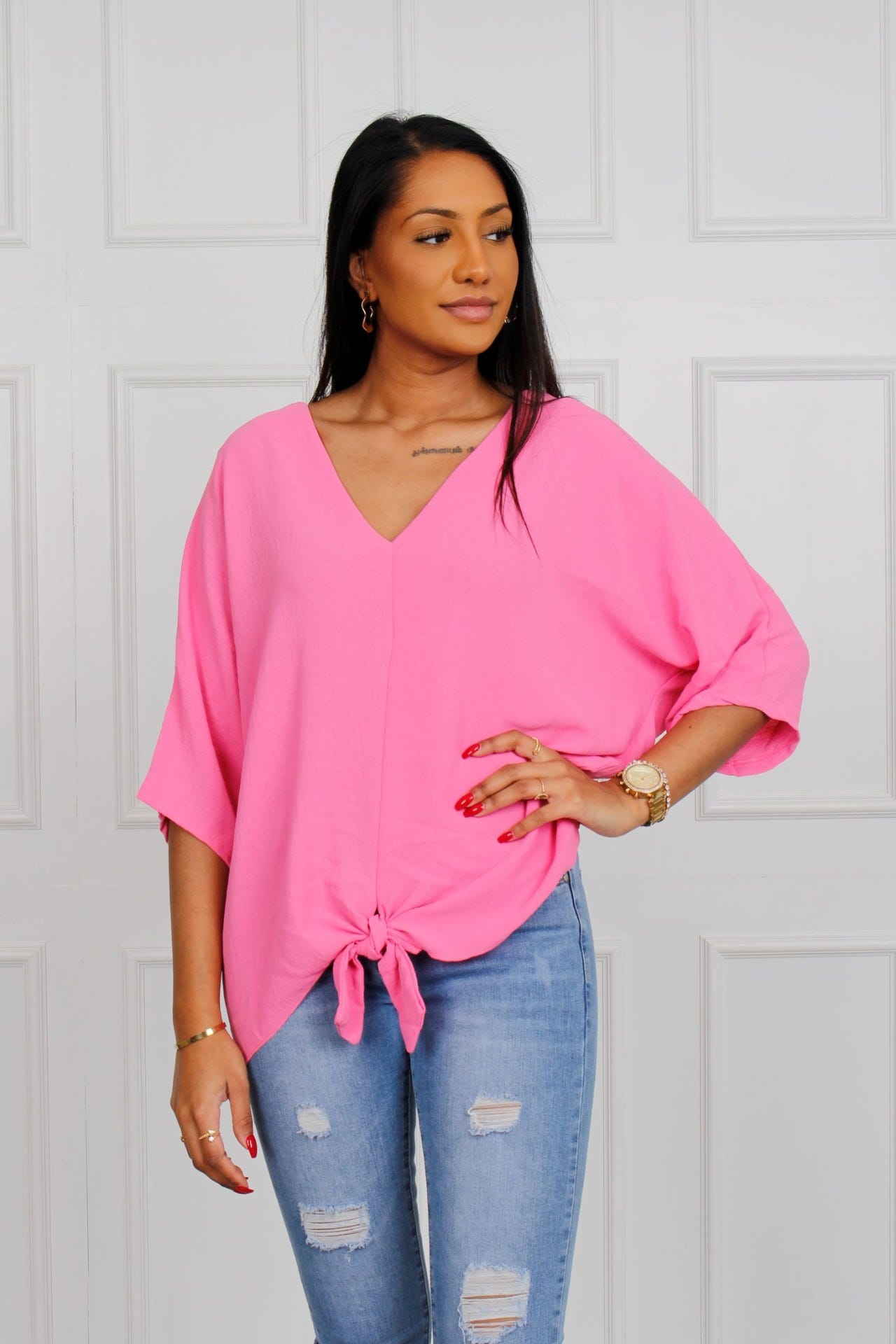 Bluse m. binde detalje, pink