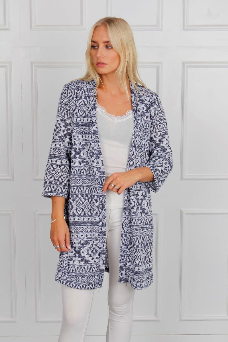 Cardigan m. inka-mønster, navy