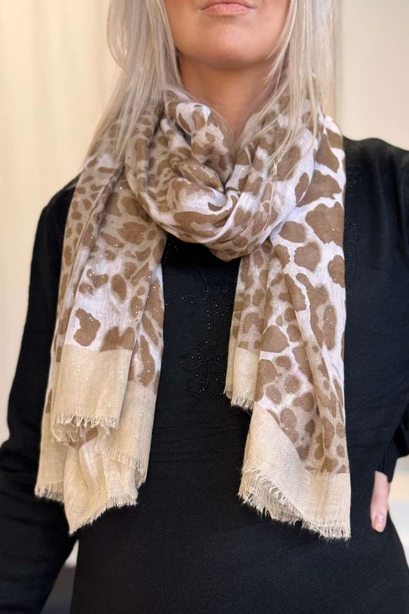 Tørklæde m. glimmer og leopardprint Beige