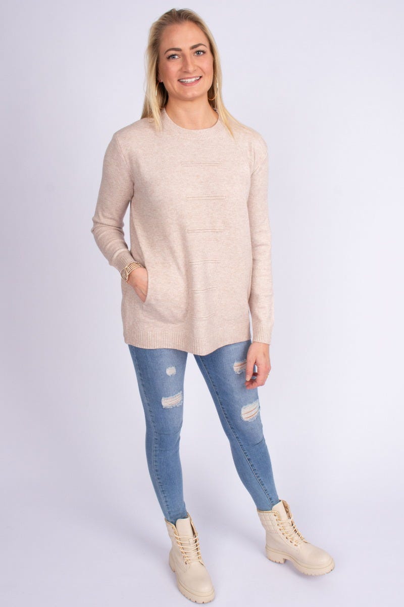 Strikbluse m. lommer Beige