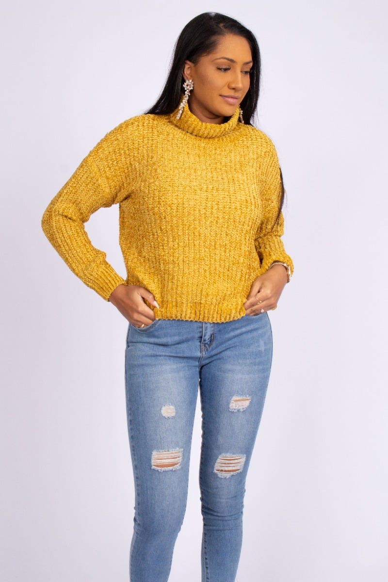 Chenille strik m. rullekrave Mustard