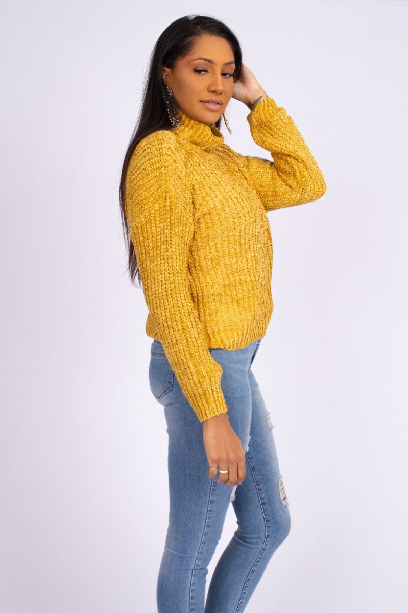 Chenille strik m. rullekrave Mustard