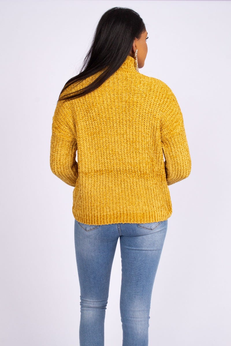 Chenille strik m. rullekrave Mustard