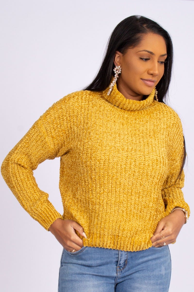 Chenille strik m. rullekrave Mustard