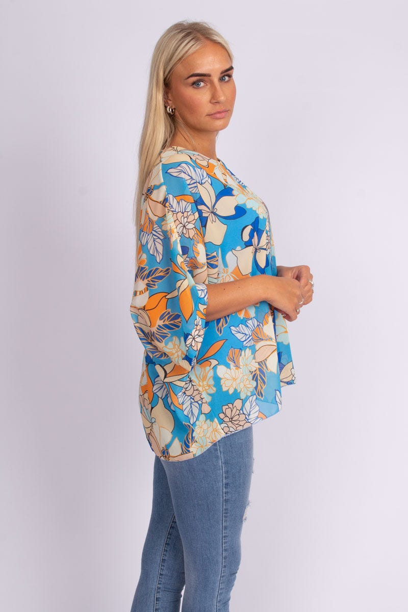 Bluse m. print Skyblue