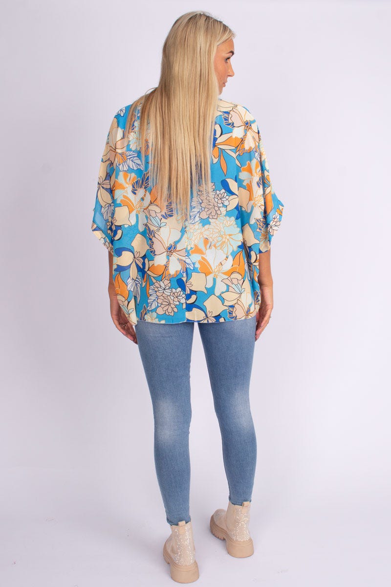 Bluse m. print Skyblue