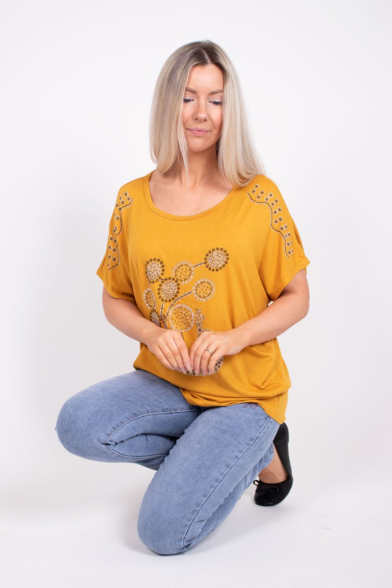 T-shirt m. påfugl glimmer motiv Mustard