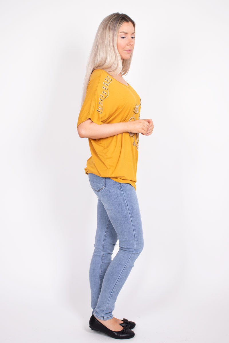 T-shirt m. påfugl glimmer motiv Mustard