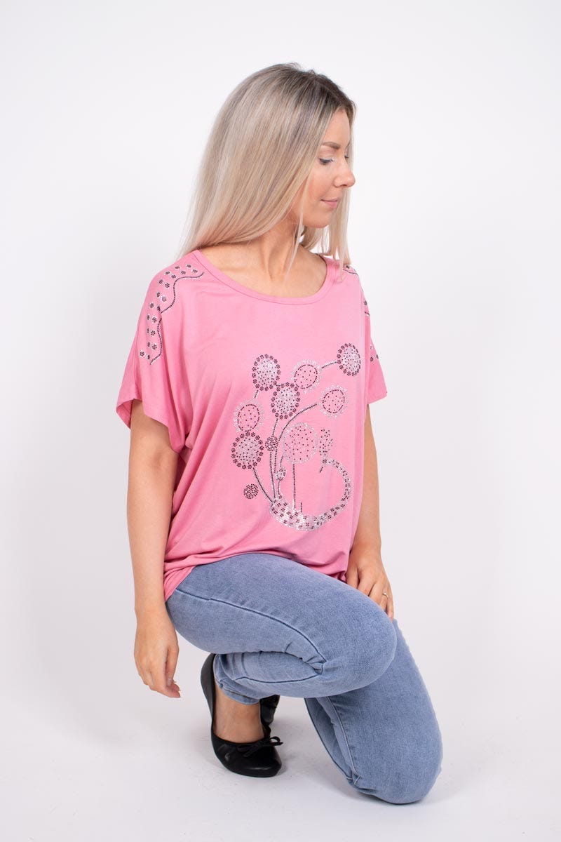 T-shirt m. påfugl glimmer motiv Rosa