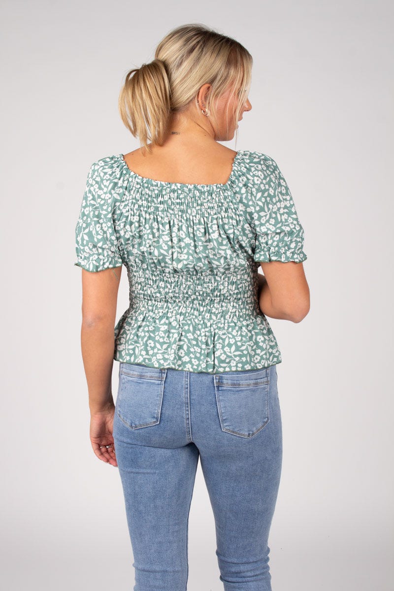 Top m. blomster Aqua