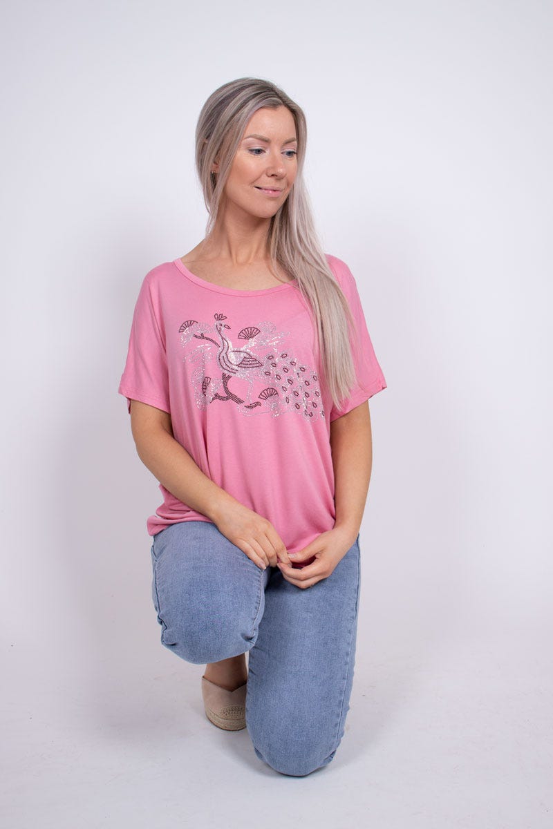 T-shirt m. påfugl motiv Rosa