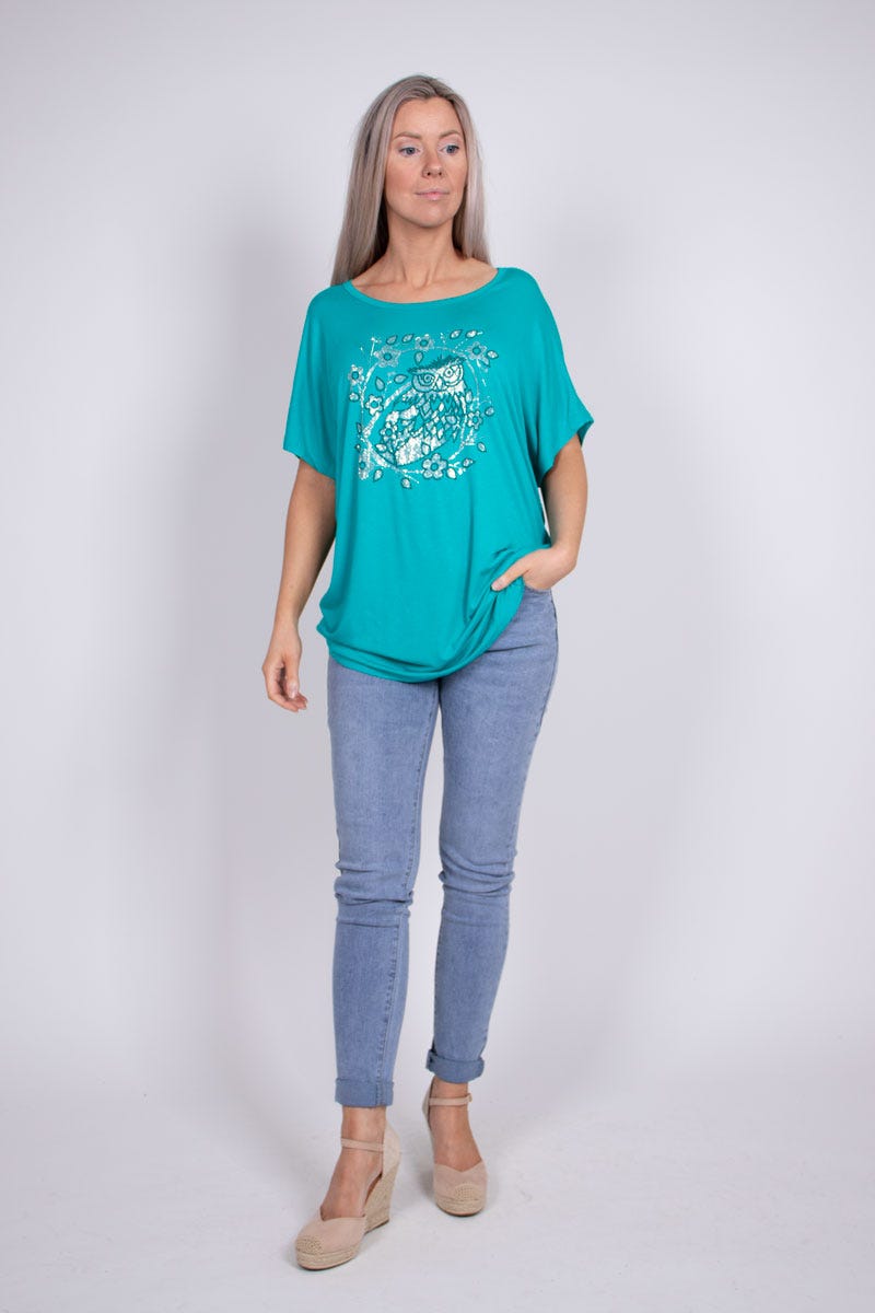 T-shirt m. ugle motiv Aqua