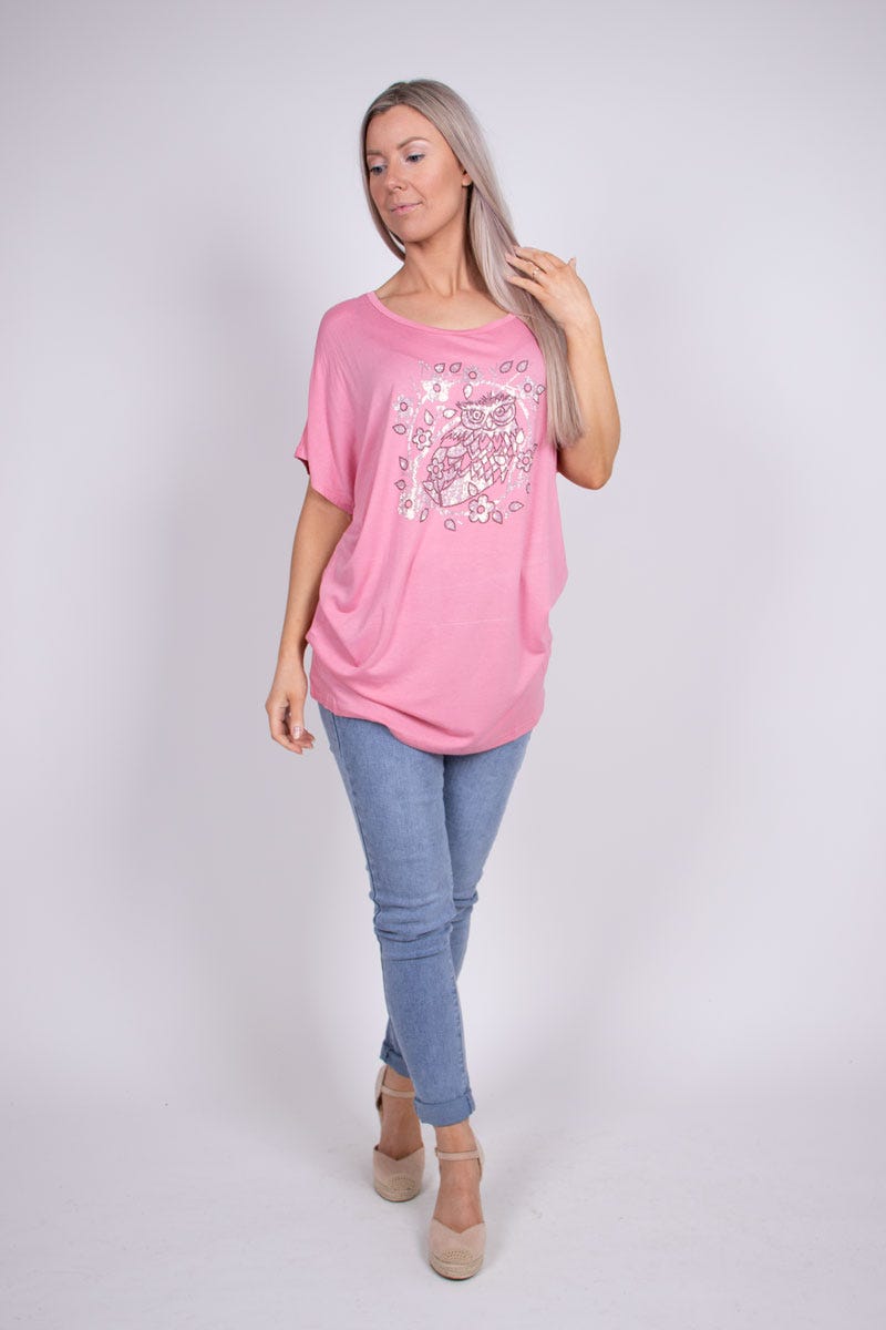 T-shirt m. ugle motiv Rosa