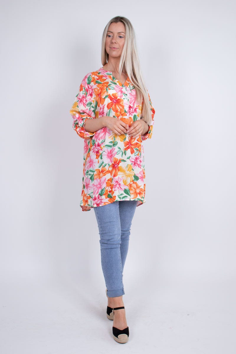 Bluse m. blomster Orange