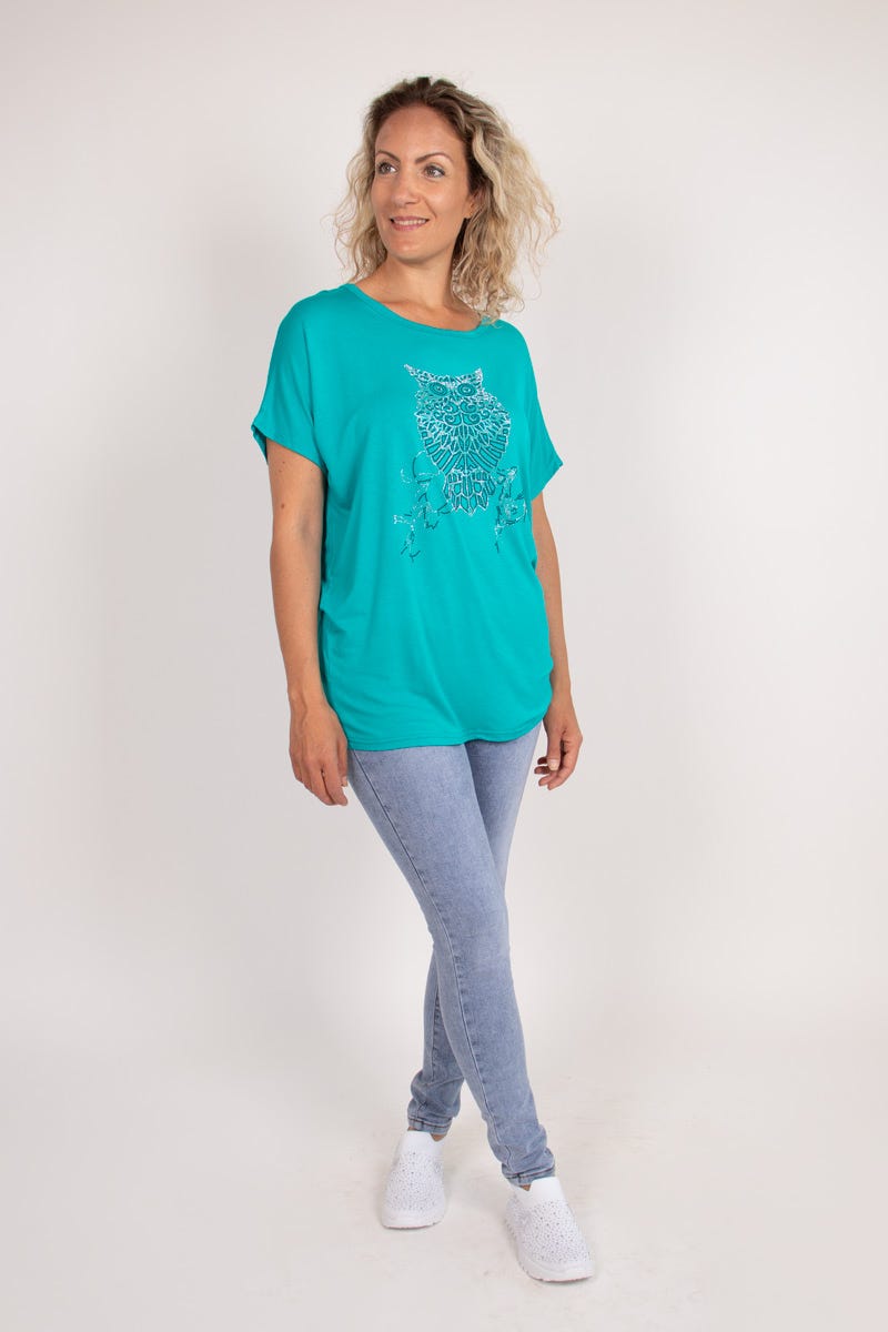 T-shirt med ugle motiv Aqua