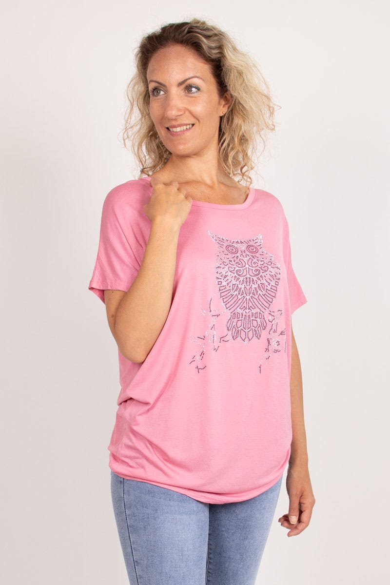 T-shirt med ugle motiv Rosa