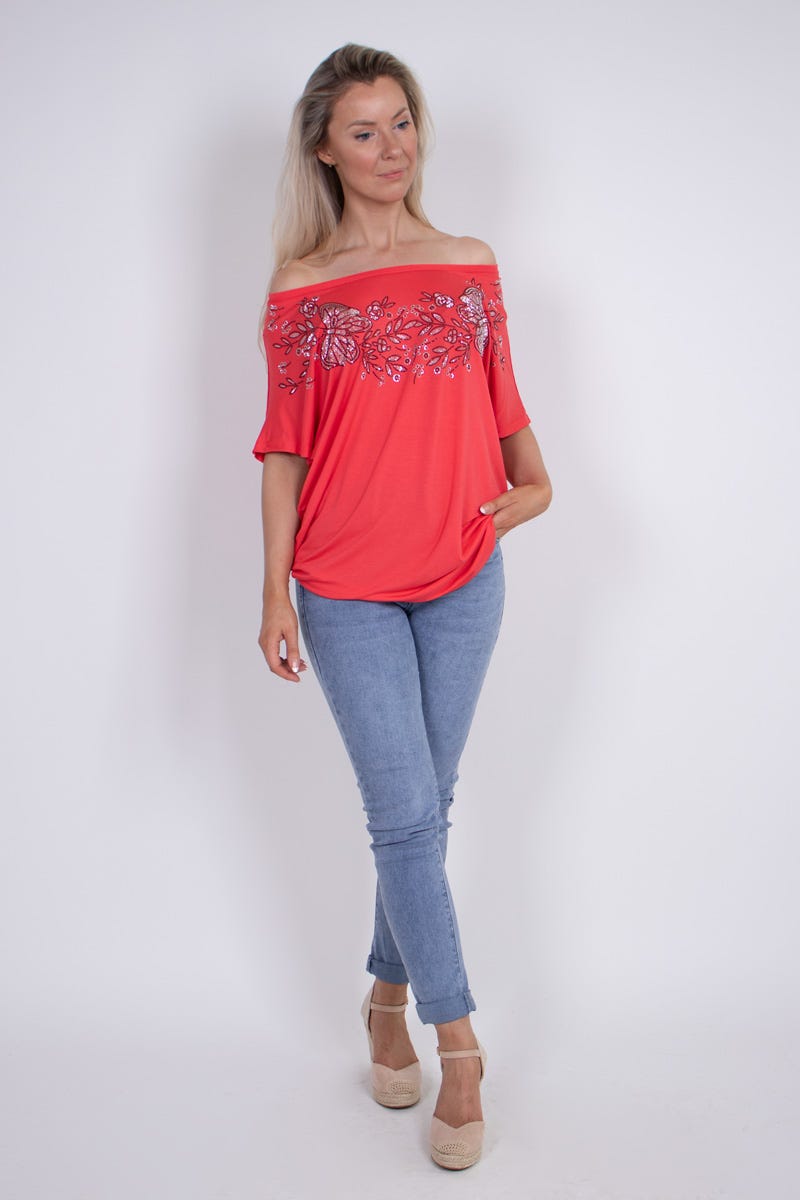 T-shirt m. sommerfugle og blomster motiv Coral