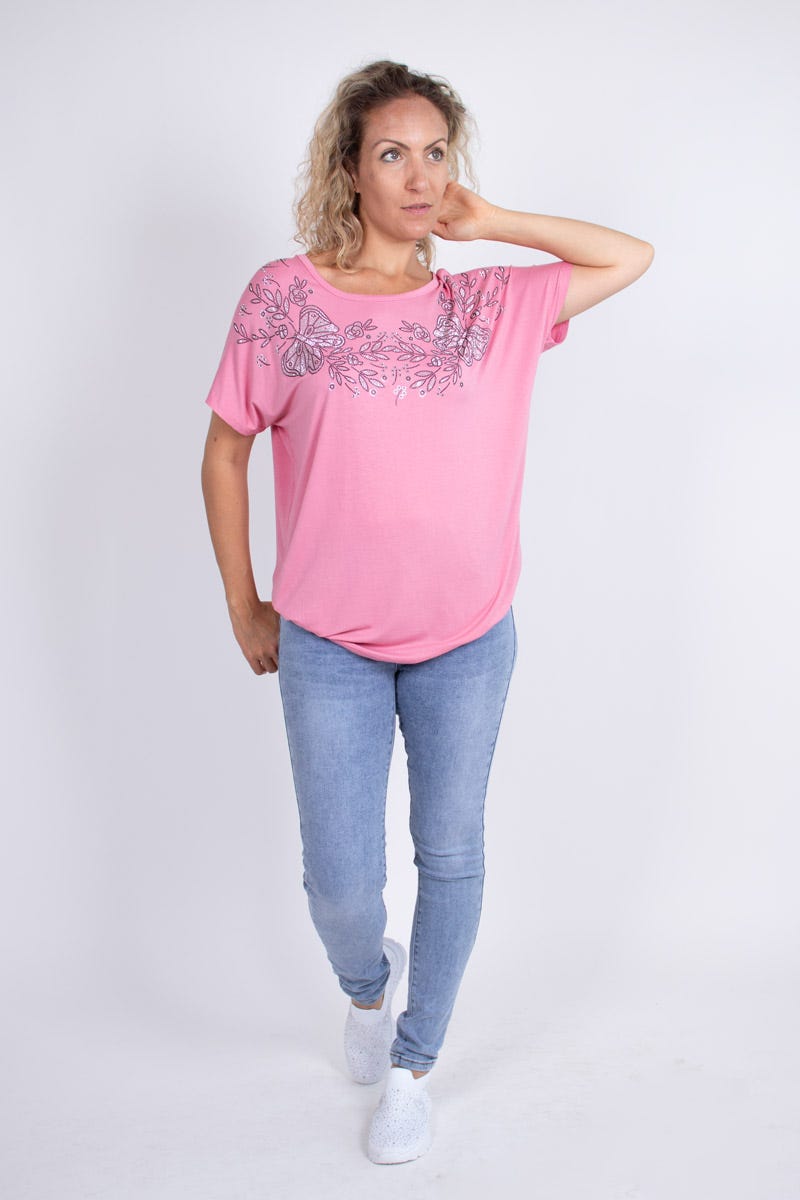 T-shirt m. sommerfugle og blomster motiv Rosa