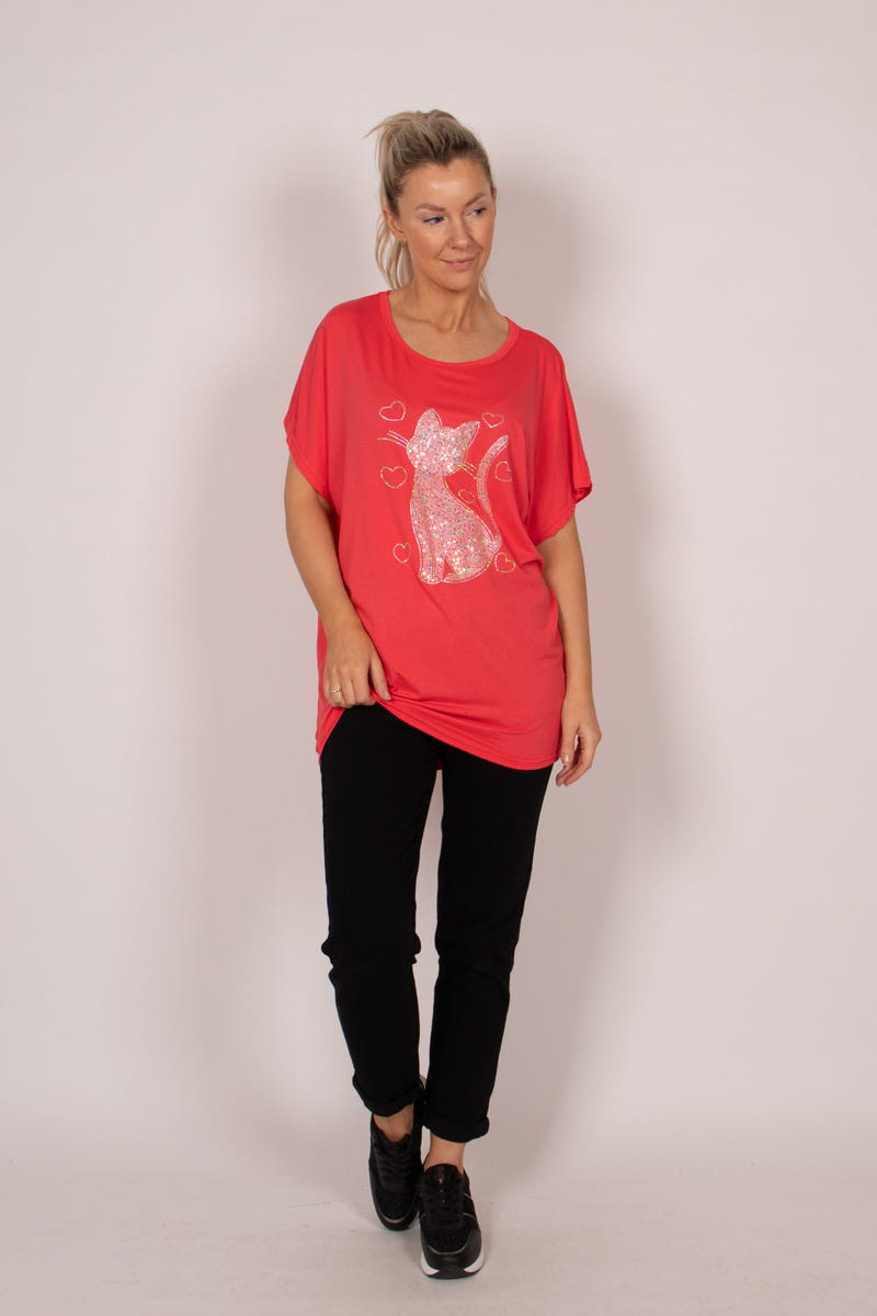 T-shirt m. kattemotiv og glitter Koral