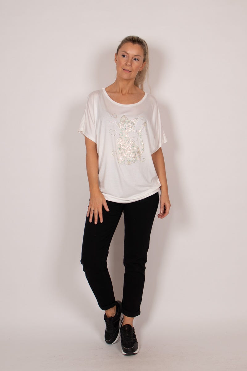 T-shirt m. kattemotiv og glitter Hvid