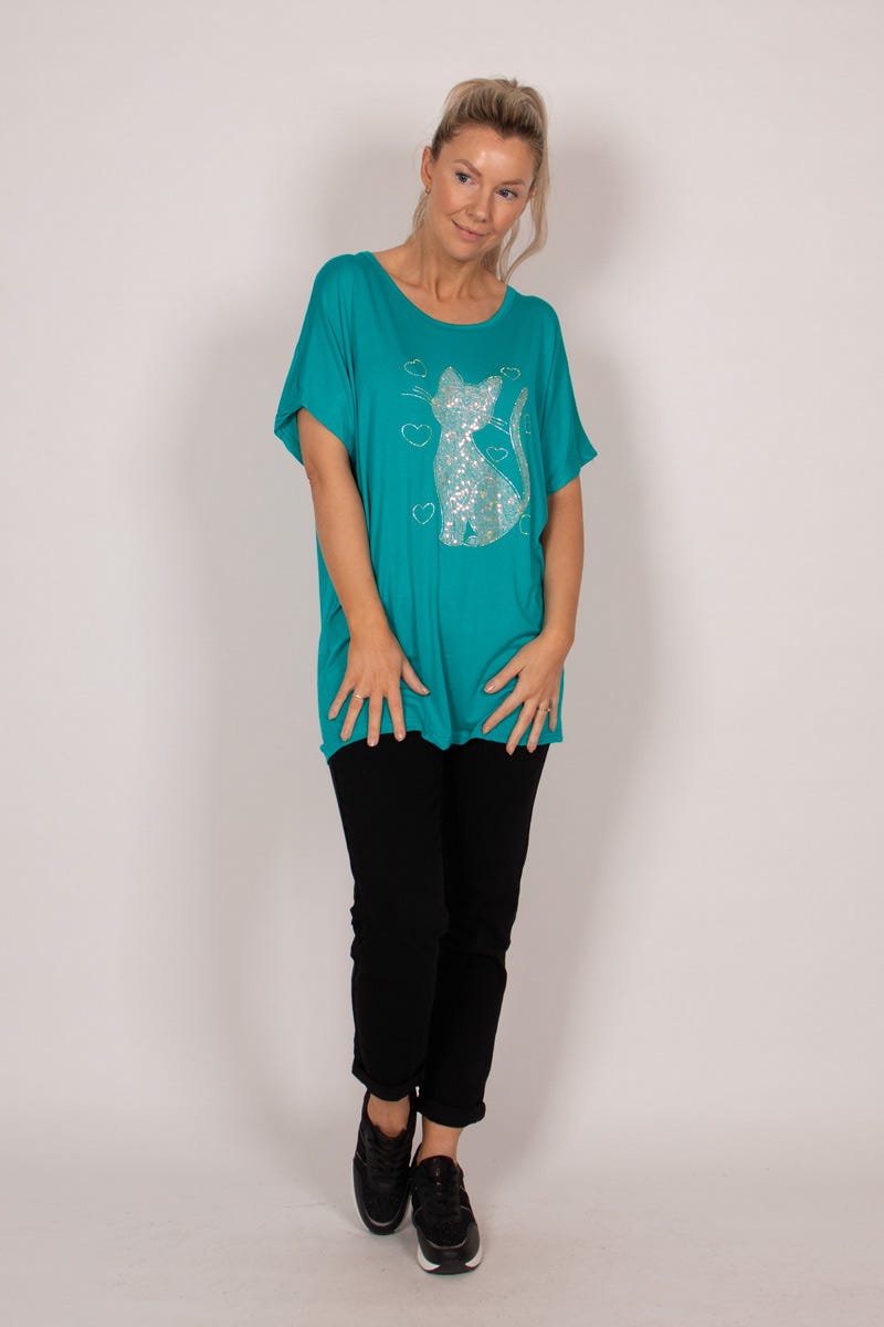 T-shirt m. kattemotiv og glitter Aqua