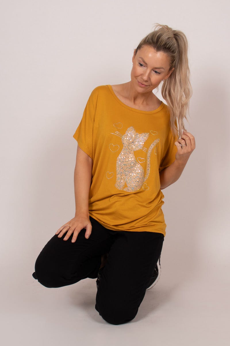 T-shirt m. kattemotiv og glitter Mustard