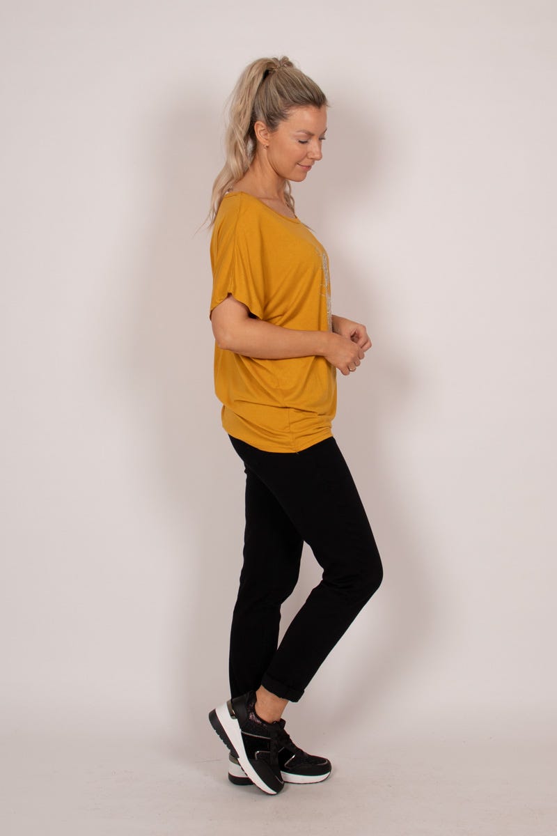 T-shirt m. kattemotiv og glitter Mustard