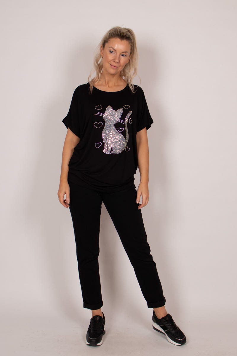 T-shirt m. kattemotiv og glitter Sort