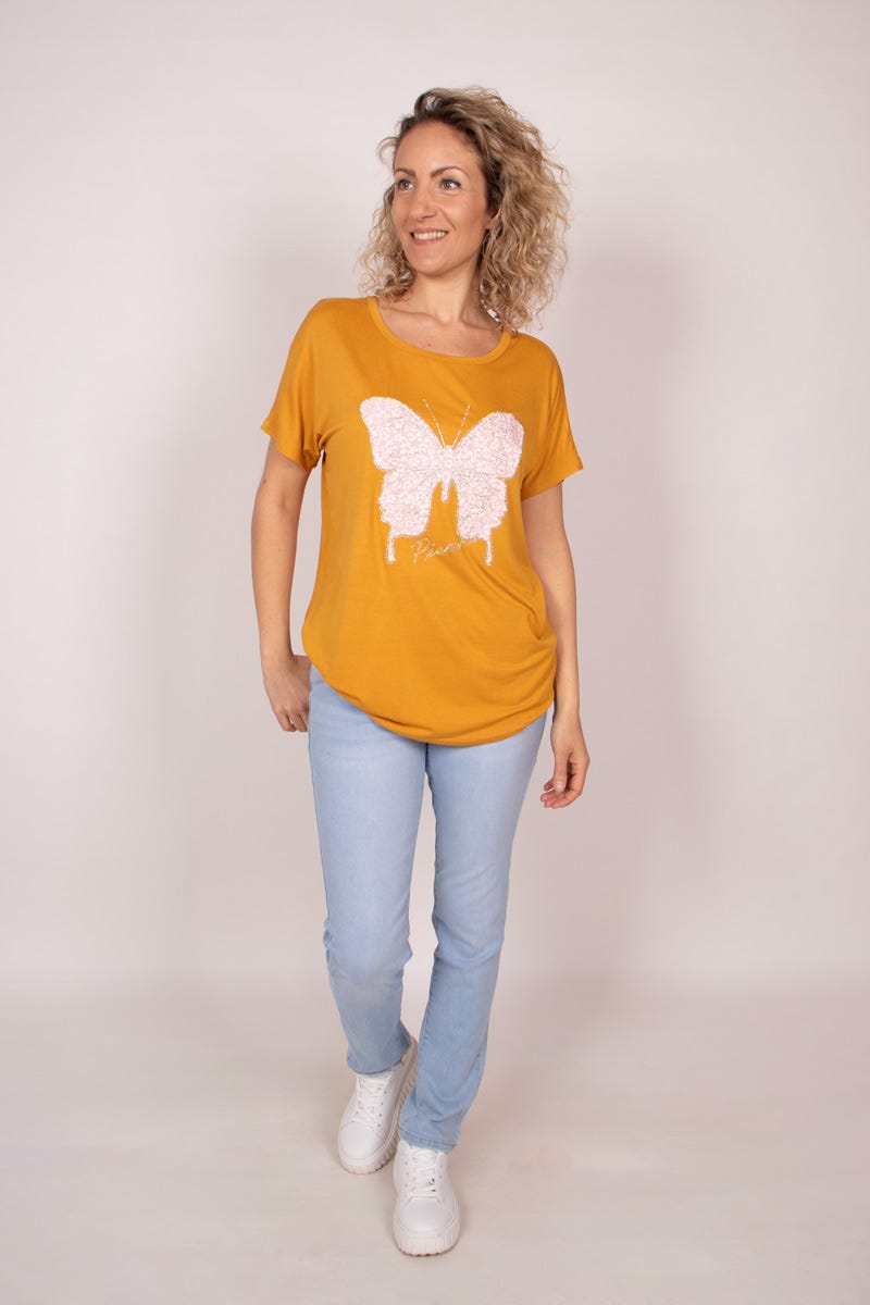 T-shirt m. sommerfugl Mustard