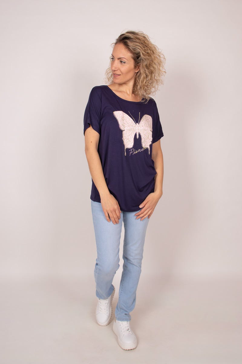 T-shirt m. sommerfugl Navy