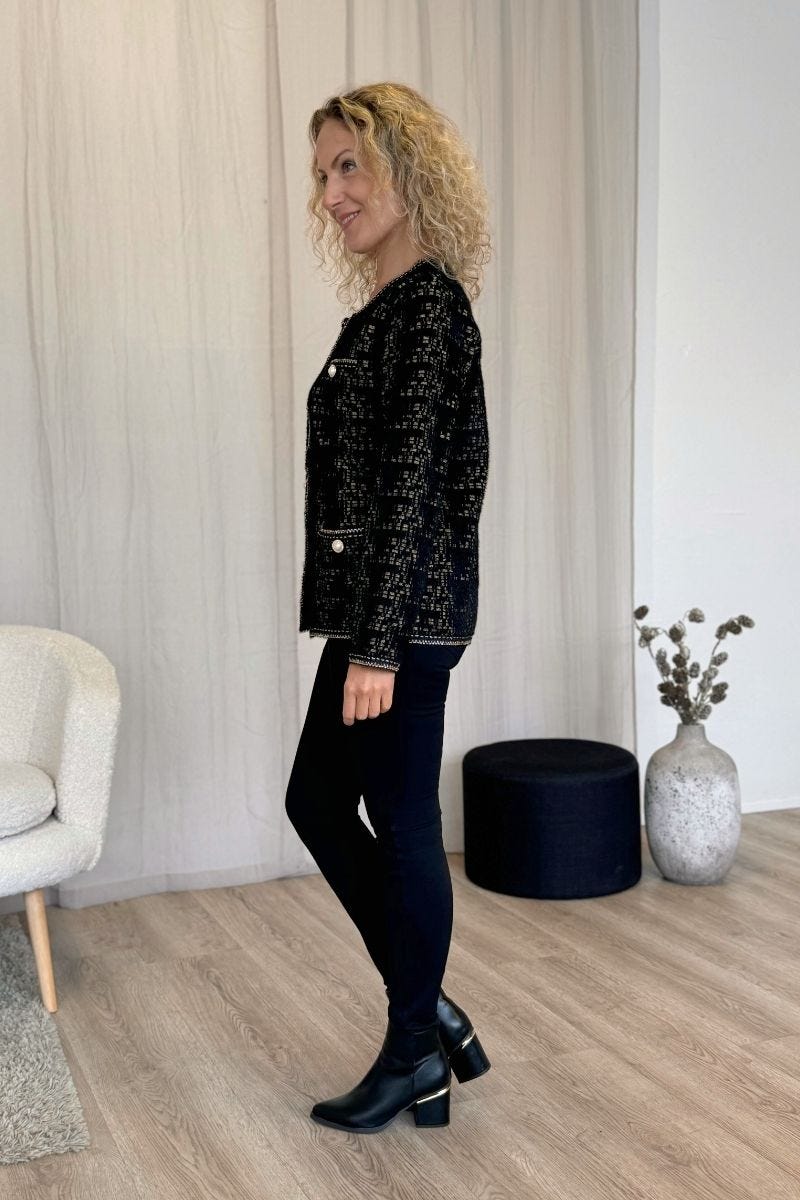 Cardigan m. mønster og perleknapper Brun