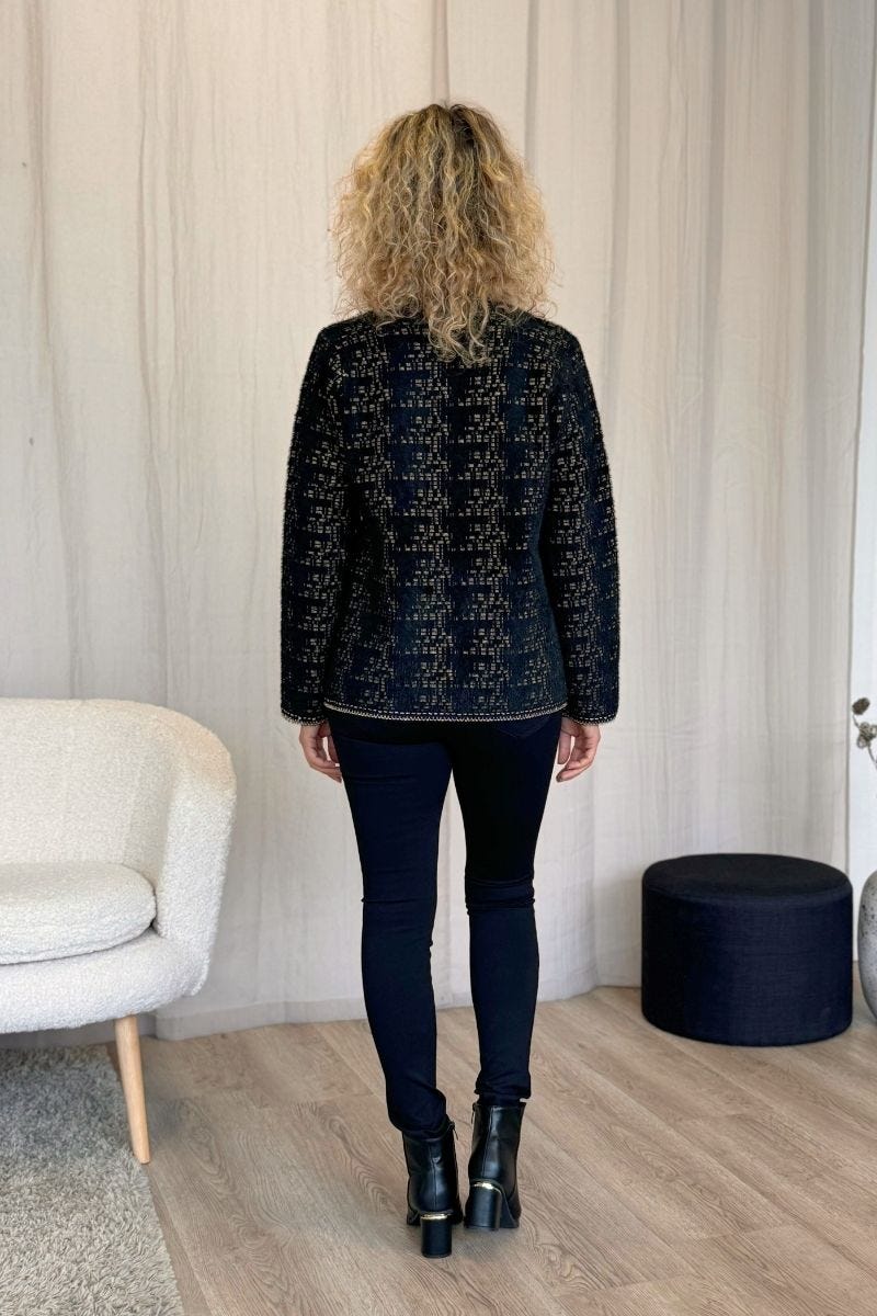 Cardigan m. mønster og perleknapper Brun