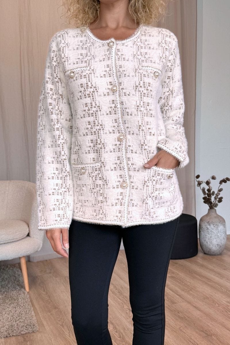 Cardigan m. mønster og perleknapper Creme