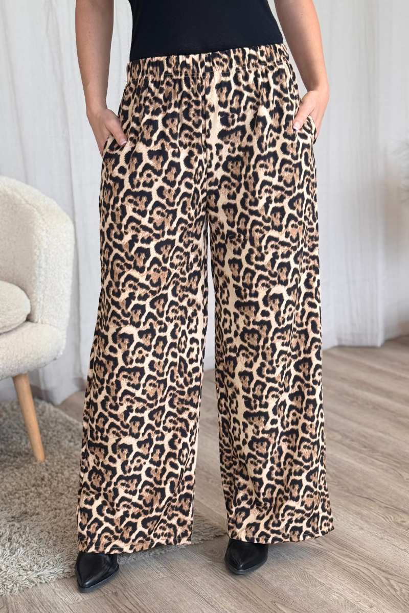 Løse bukser m. leopardprint Beige