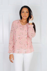 Bluse med flæse, rosa floral