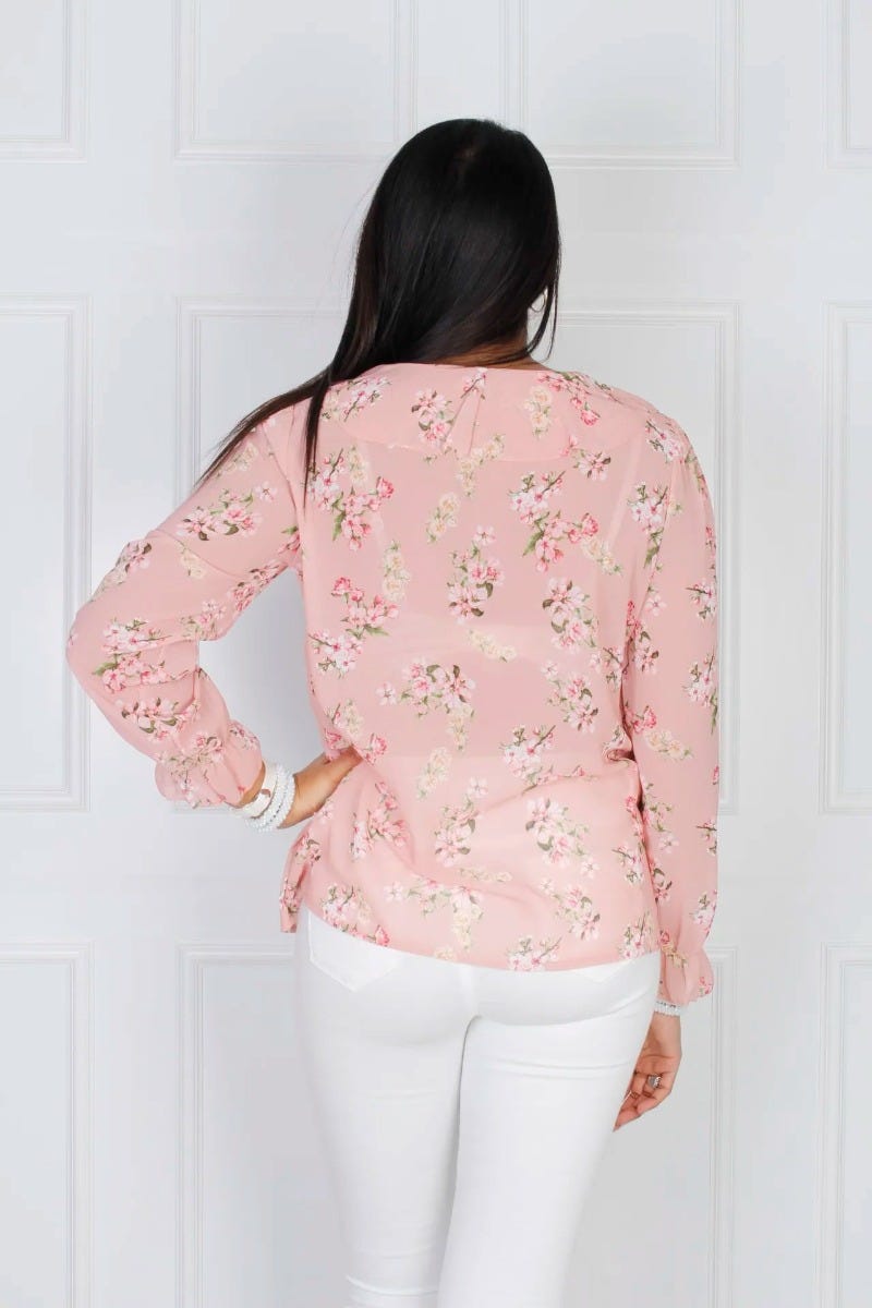 Bluse med flæse, rosa floral