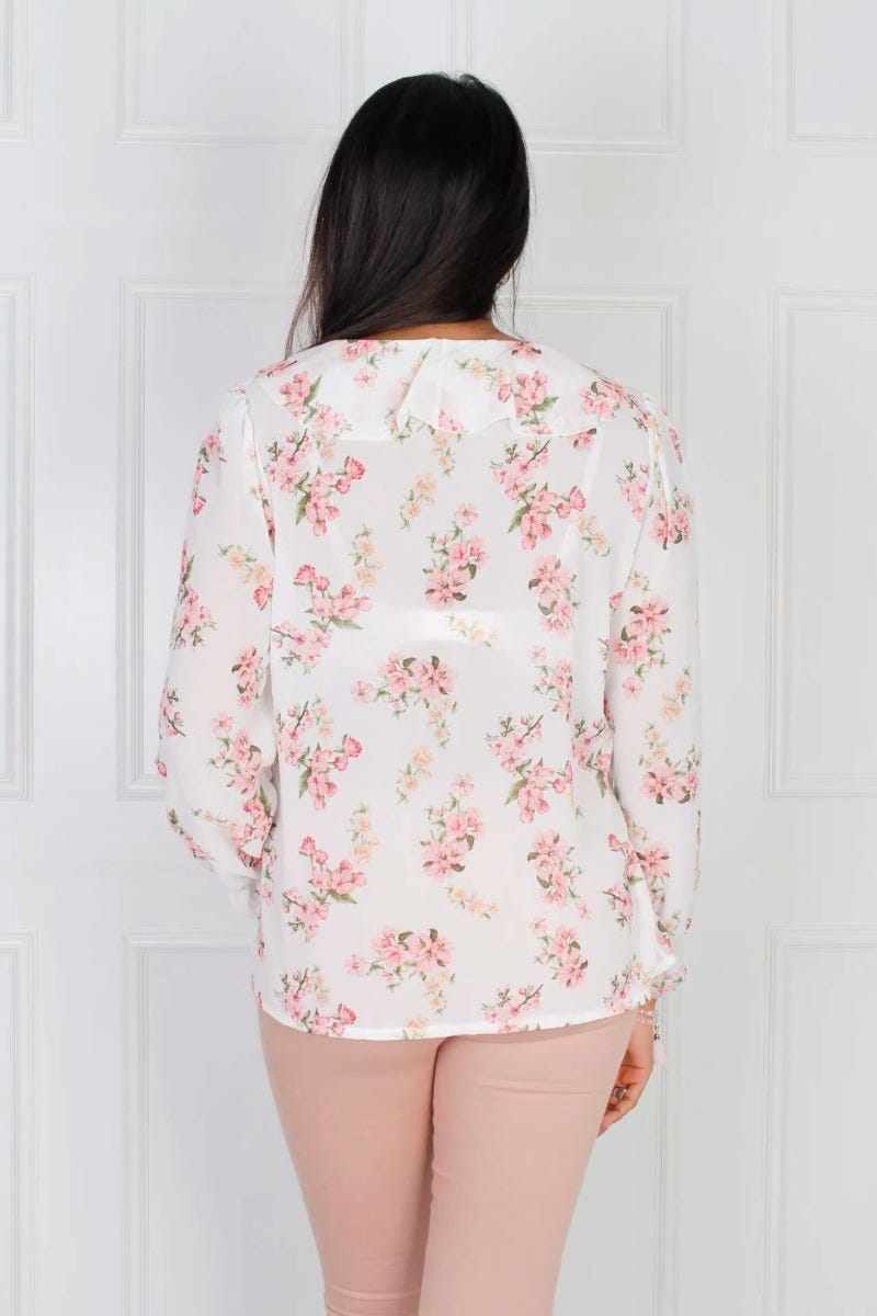 Bluse med flæse, creme floral