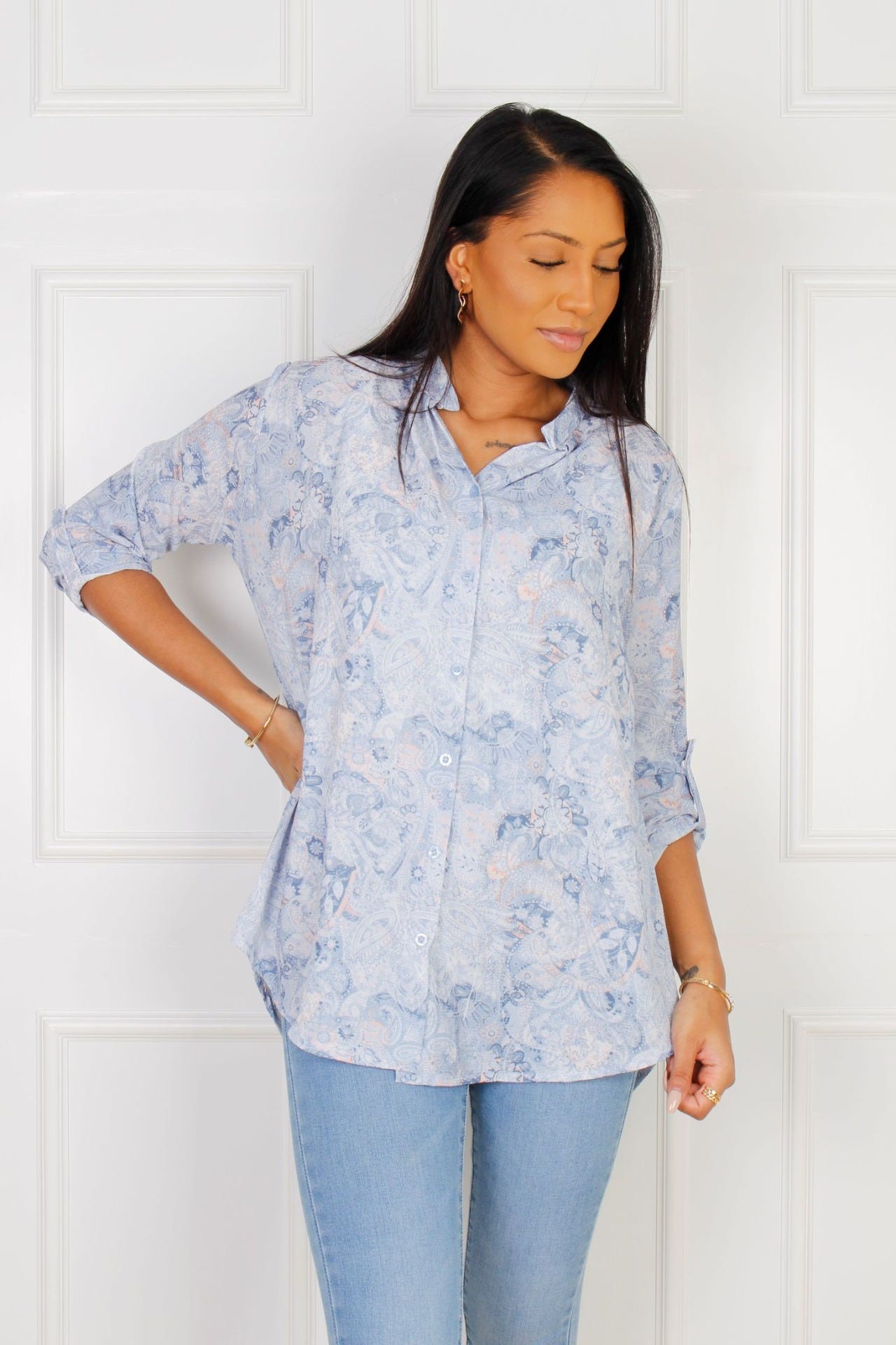 Oversize skjorte, blå/rosa print