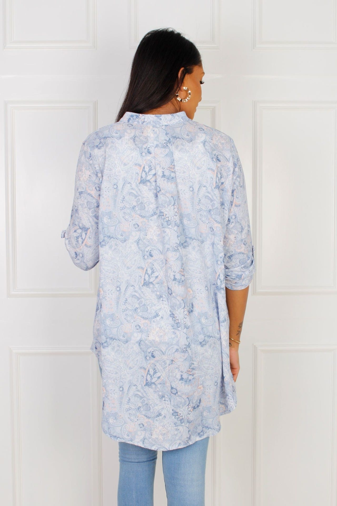 Oversize skjorte, blå/rosa print