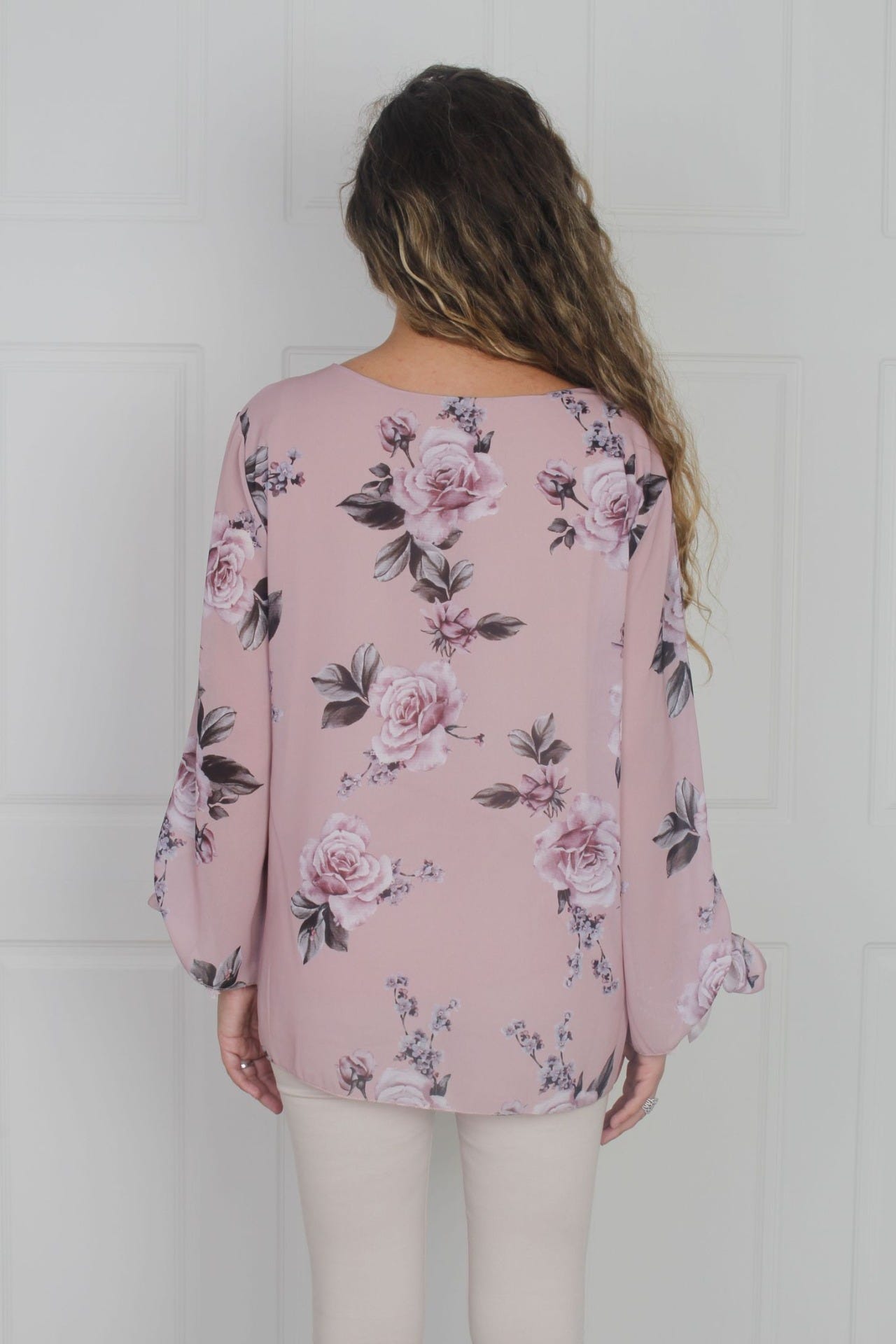 Tunika bluse med binde detalje, floral rosa