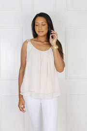 Line top med blomster stropper, beige