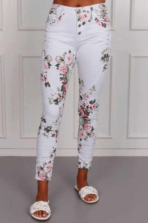 Jeans m. blomster, hvid