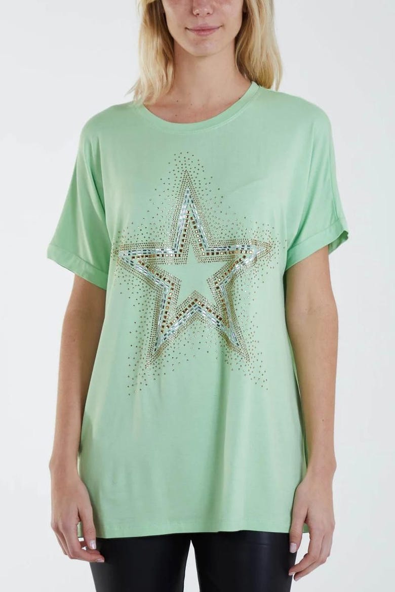 T-shirt m. stjernemotiv og sten Lime