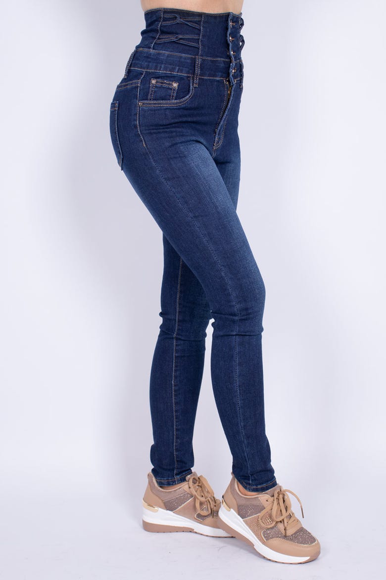 Højtaljede skinny jeans m. strop detaljer Denim