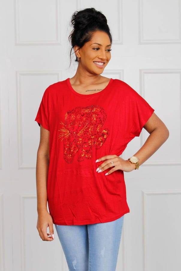 T-shirt m. leopard motiv, rød