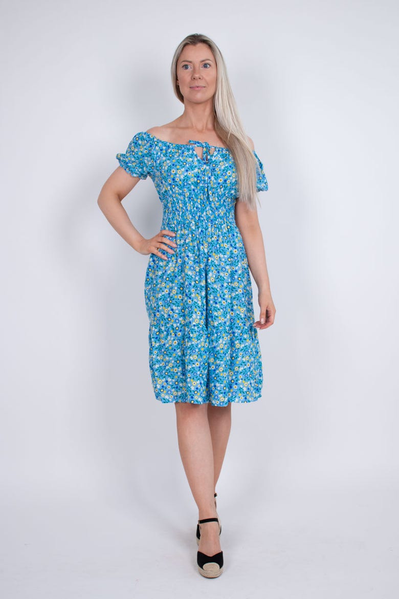 Kort kjole m. blomsterprint og bindebånd Blå