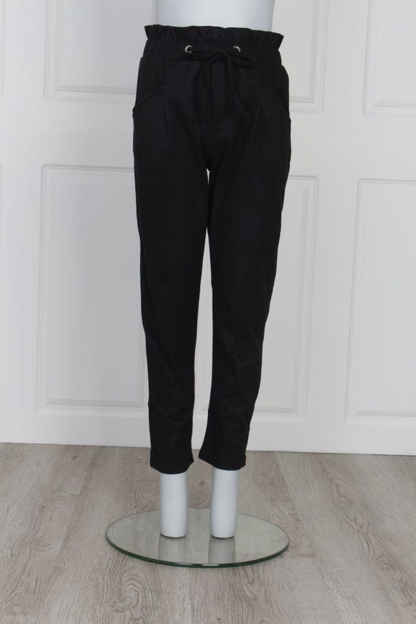Højtaljede bukser med bindebånd, sort 